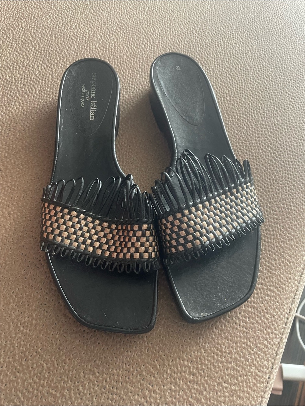 Stephane Kelian Black Slide Sandals with Metallic Woven Strap